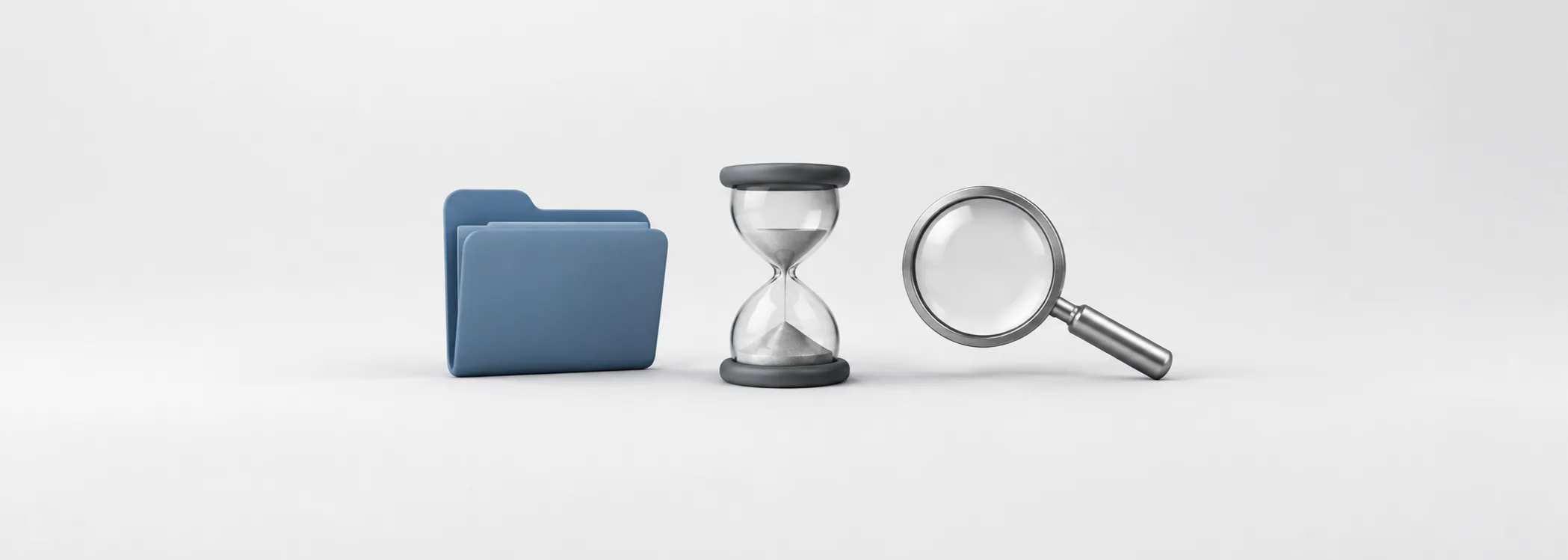A steel-blue portfolio folder, graphite hourglass and silver magnifying glass represent examining delayed holdings disclosures.