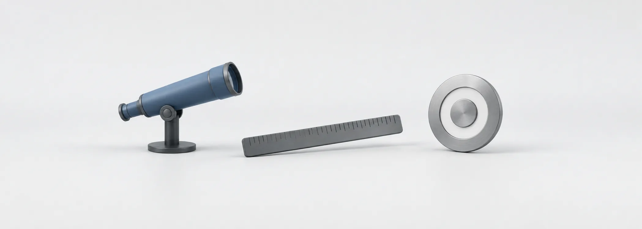 A steel-blue telescope, graphite ruler and silver target ring represent the assumptions behind an analyst's price target.