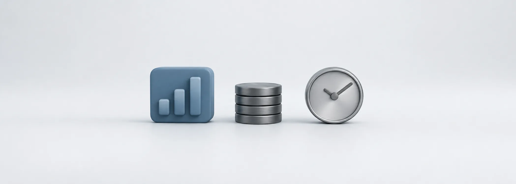 A steel-blue fund tile, graphite coin stack and silver clock represent fund performance, invested dollars and timing.