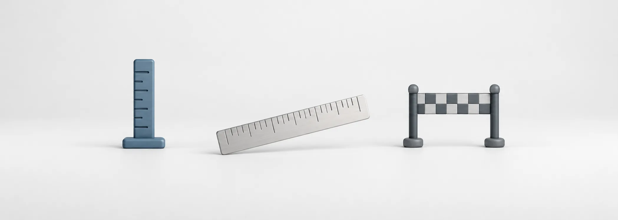 A steel-blue measuring post, silver ruler and graphite finish-line bar symbolize a fair yardstick for portfolio returns.