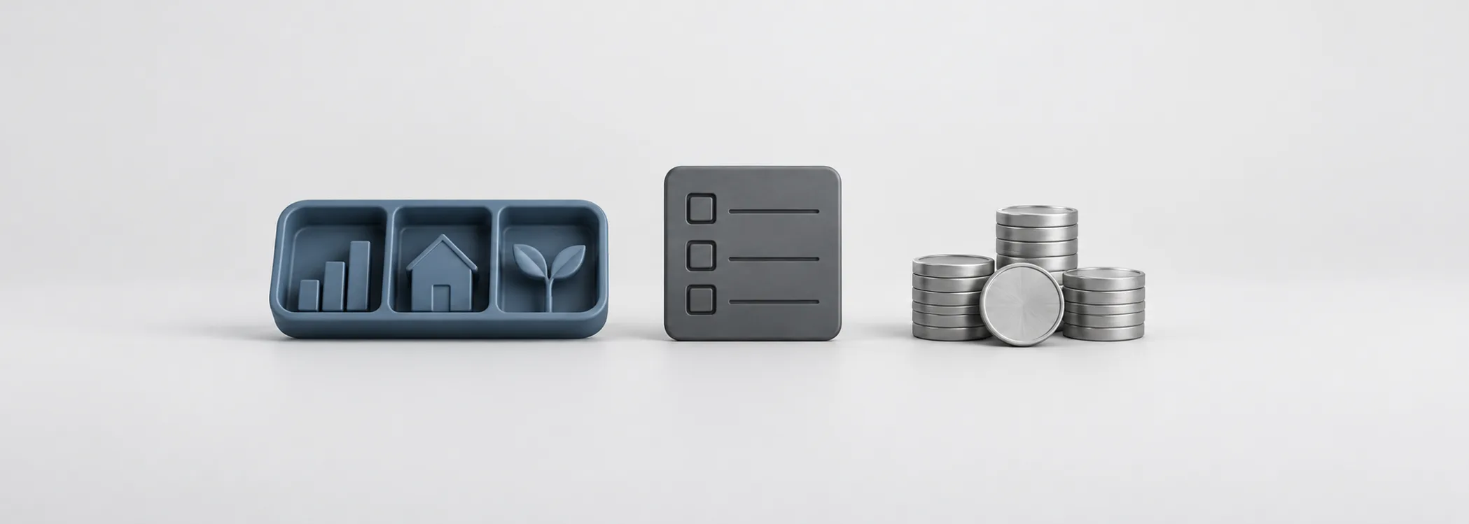A steel-blue divided tray, graphite checklist tile, and silver coin stacks represent reviewing sources of dividend cash.