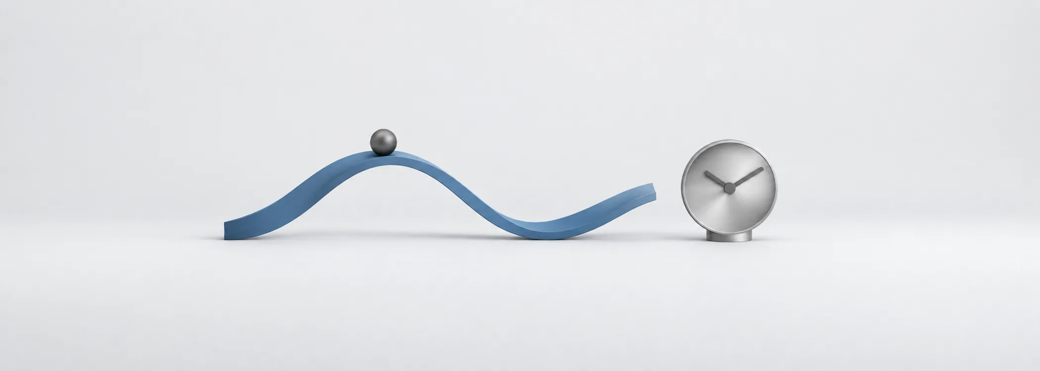 An uneven steel-blue ribbon, a graphite sphere and a silver clock represent economic turns without a fixed timetable.