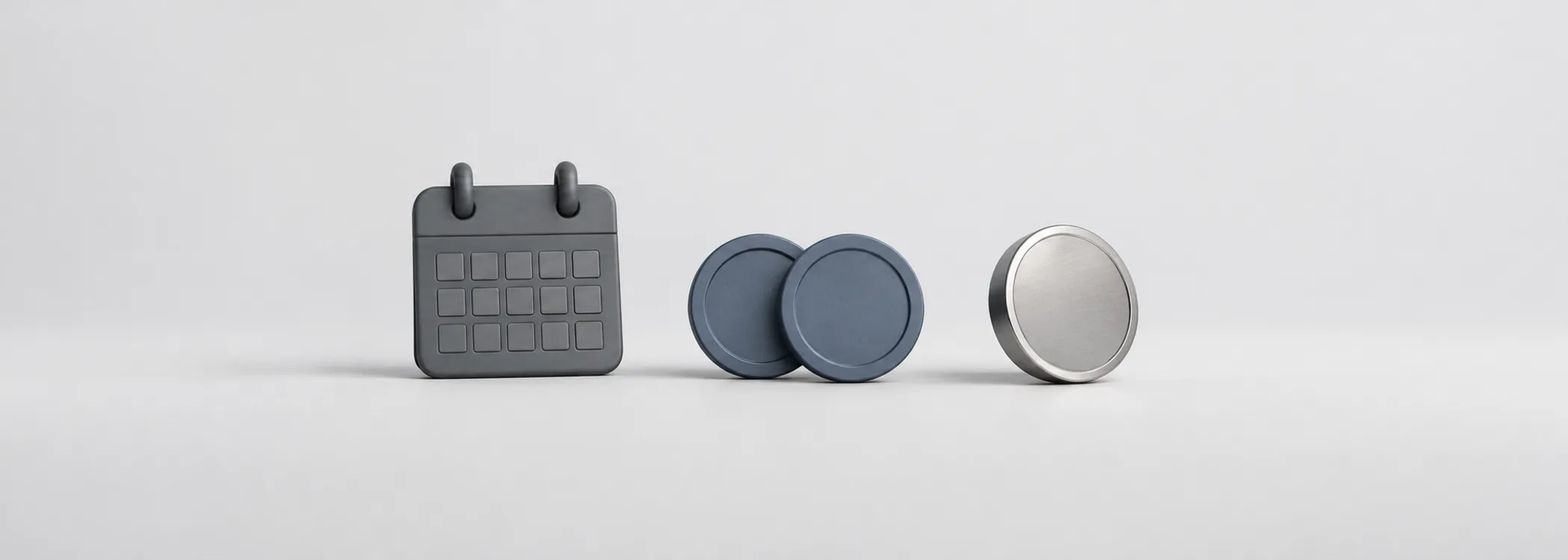 A graphite calendar, matching steel-blue tokens and a silver coin represent replacement purchases and tax timing.