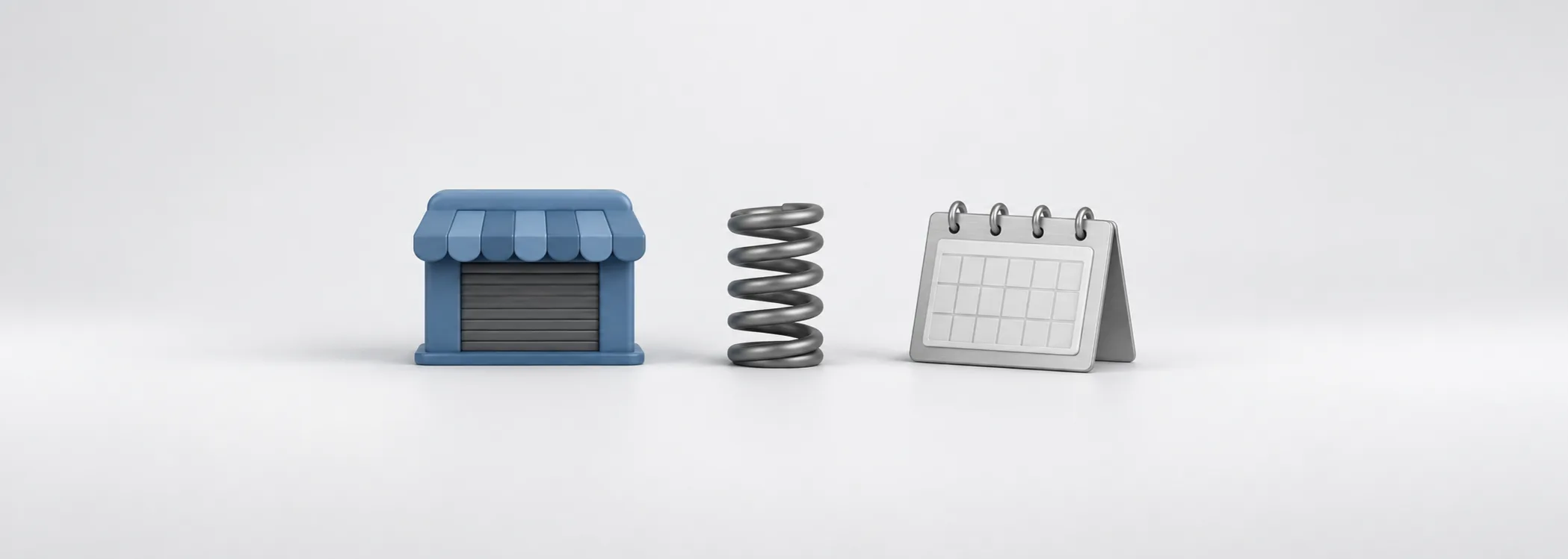 A closed steel-blue shop, graphite spring and silver calendar represent the shutdown, market rebound and passage of time.