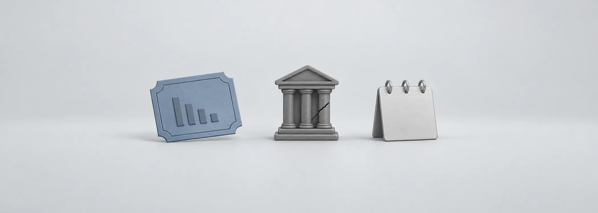 A tilted steel blue stock certificate, a cracked graphite bank, and a silver calendar represent market loss, bank failure, and time.
