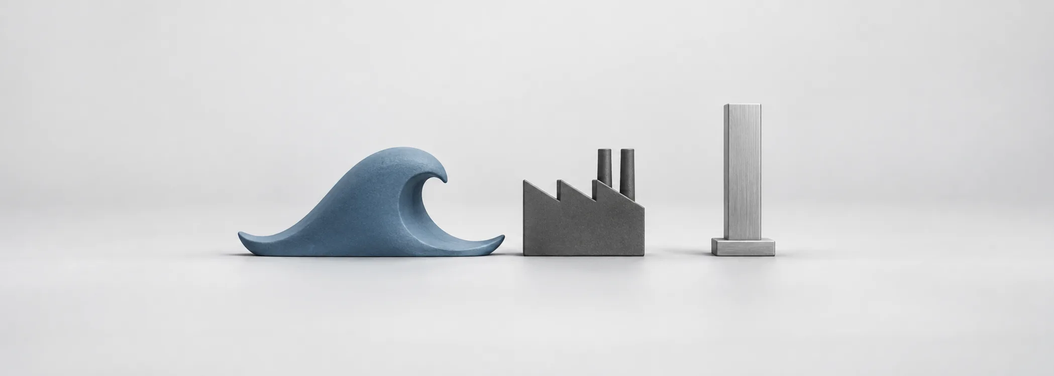 A steel-blue wave, graphite factory and silver pillar contrast cyclical swings with steadier defensive demand.