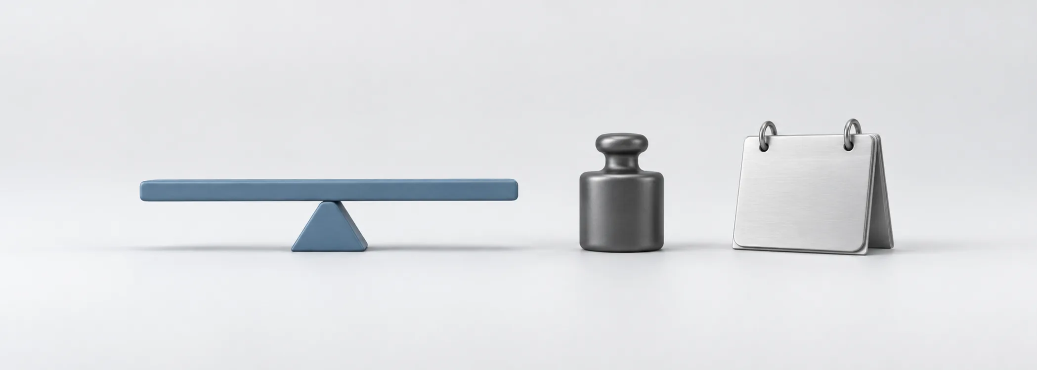 A blue balance beam, graphite weight and silver calendar represent borrowing, its burden and repayment timing.
