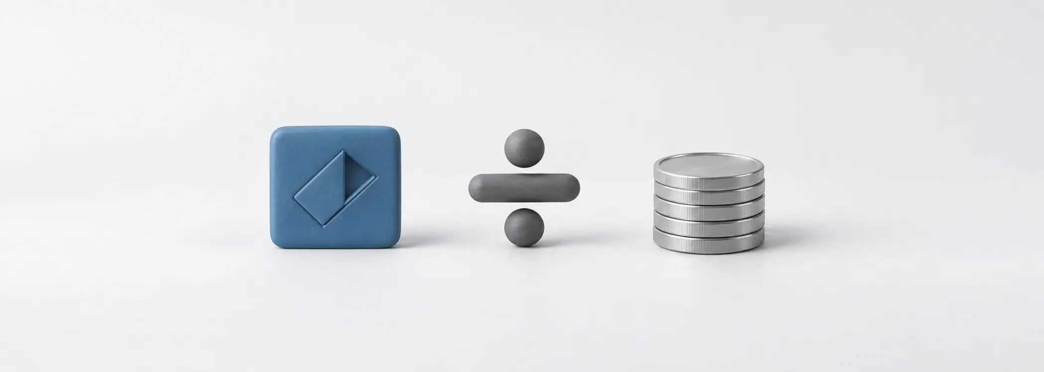 A steel-blue share tile, graphite division sign and silver coins represent the dividend yield calculation.