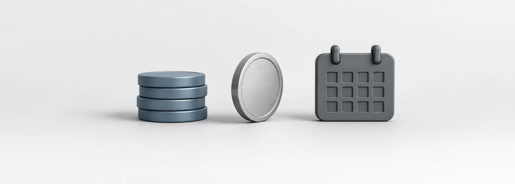 A steel-blue coin stack, a silver coin and a graphite calendar represent investing cash at once or over time.