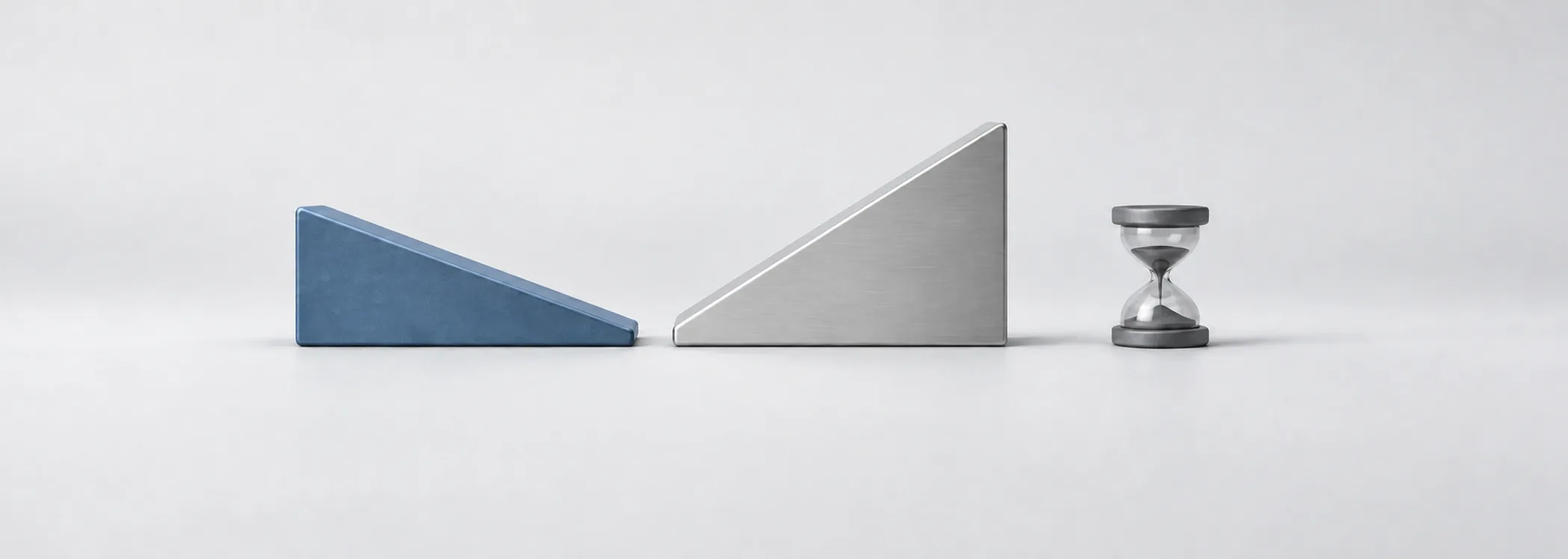 A steel-blue descending ramp, a taller silver return ramp and a graphite hourglass represent losses, recovery and time.