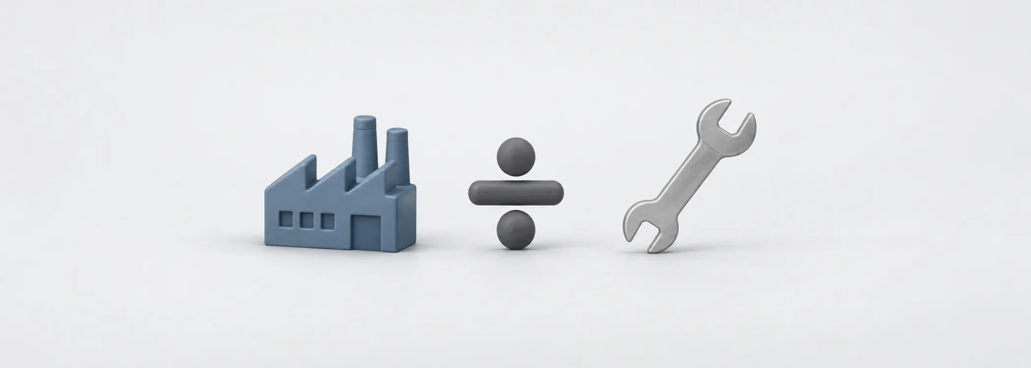 A steel-blue factory, graphite division sign, and silver wrench connect business valuation with equipment spending.