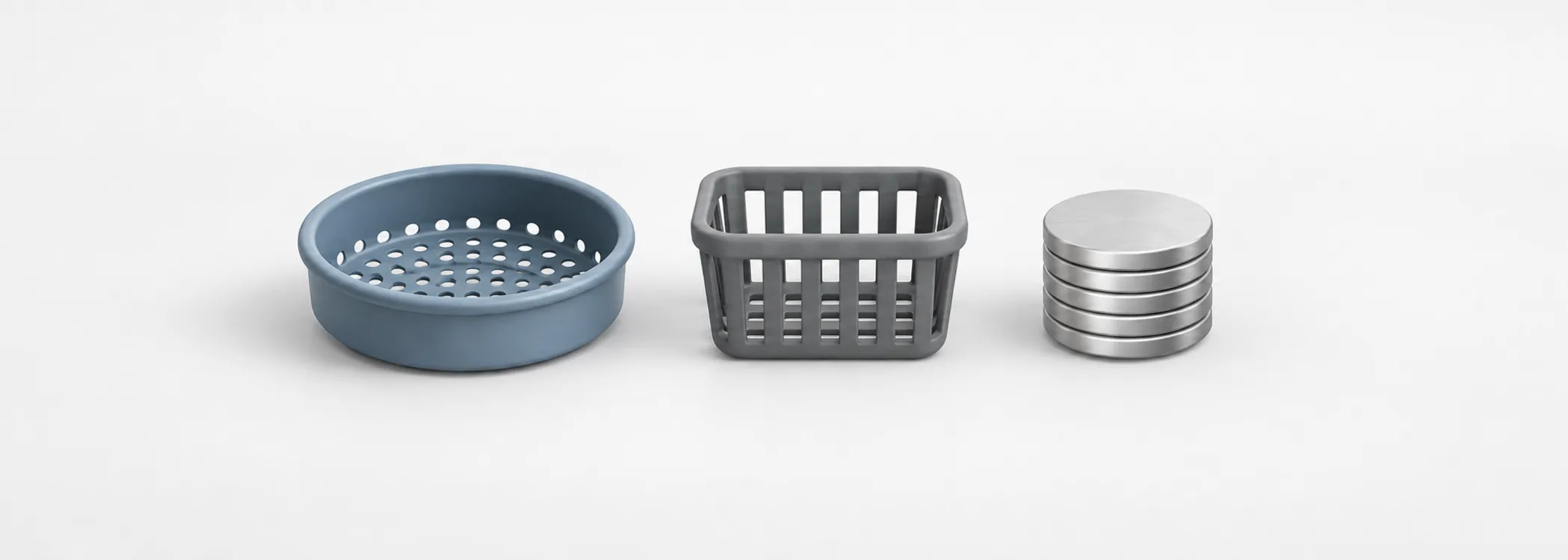 A steel-blue sorting sieve, graphite basket and silver tokens represent selecting stocks by systematic rules.