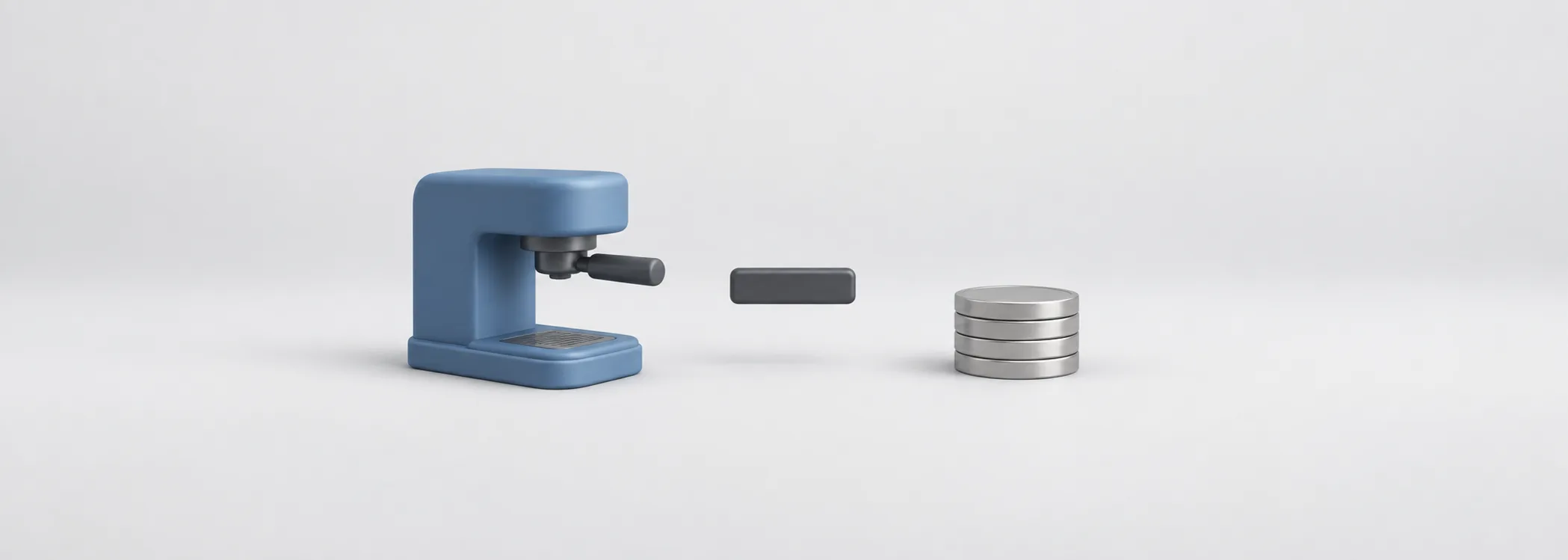 A blue coffee machine, a graphite subtraction bar and silver coins represent cash left after investment in equipment.