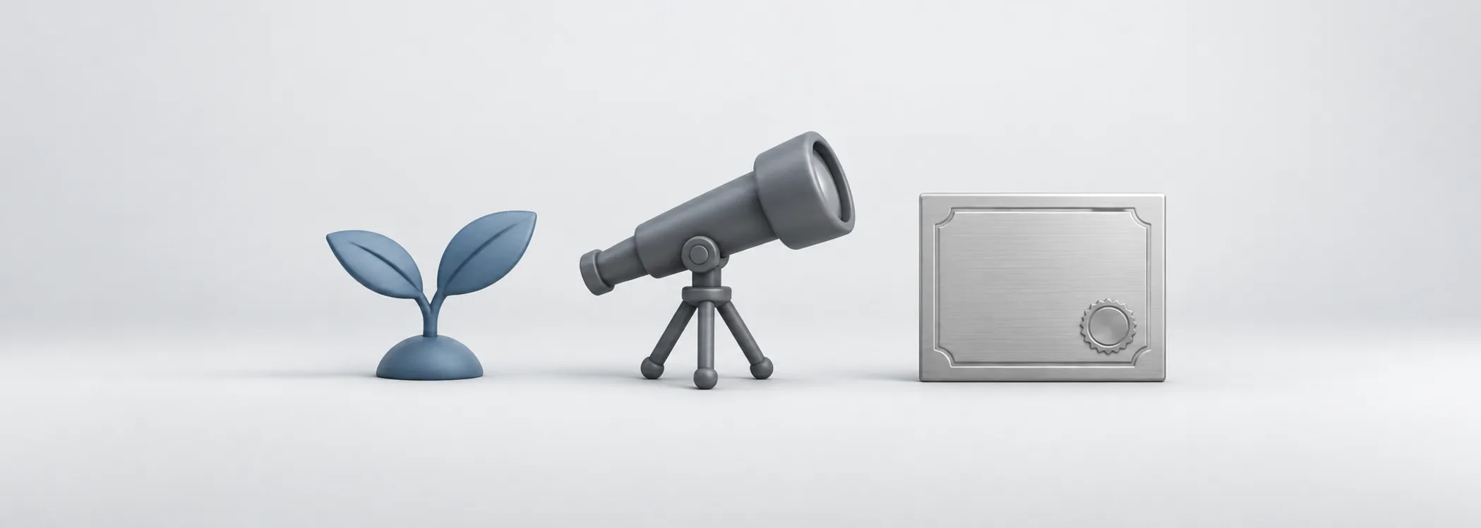 A steel-blue sapling, graphite telescope and silver share certificate represent business growth and expectations for one share.