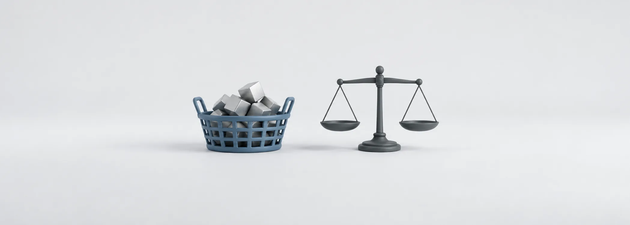 A steel-blue basket of silver cubes beside a graphite balance scale, representing market ownership and the arithmetic of indexing.