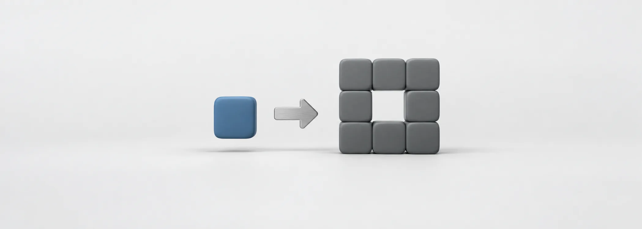 A steel-blue tile approaches a graphite grid along a silver arrow, representing a stock joining an index.