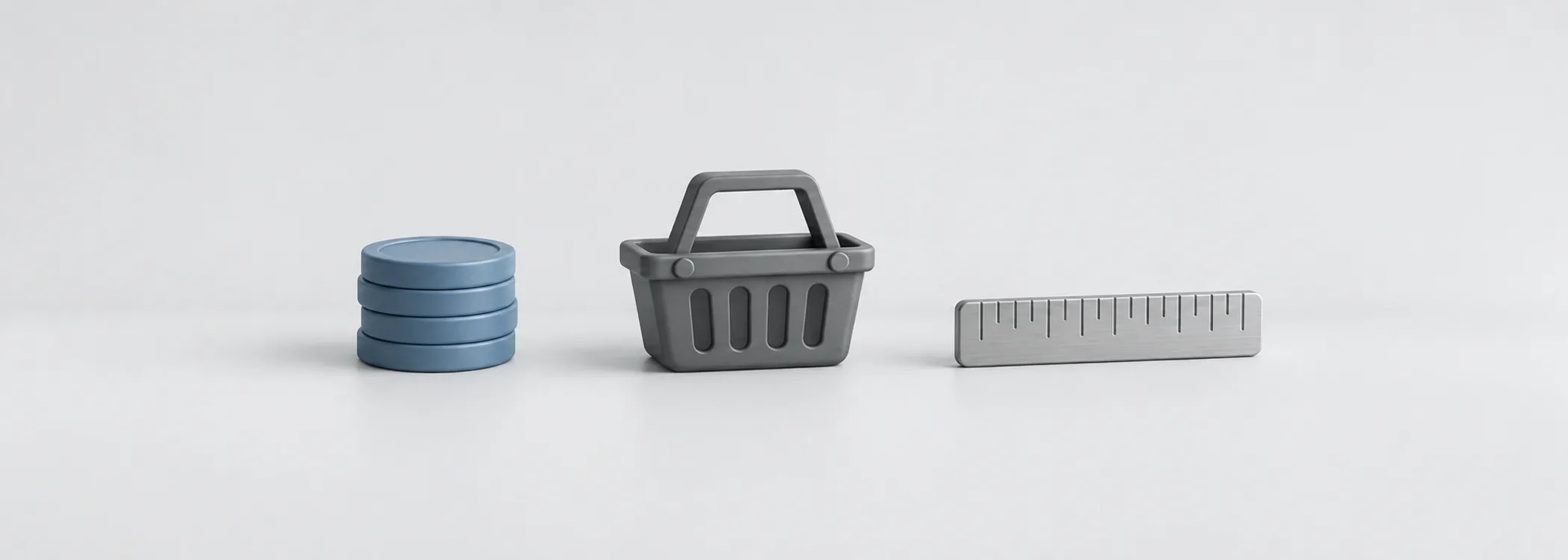 A steel-blue coin stack, graphite shopping basket and silver ruler representing money measured by what it can buy.