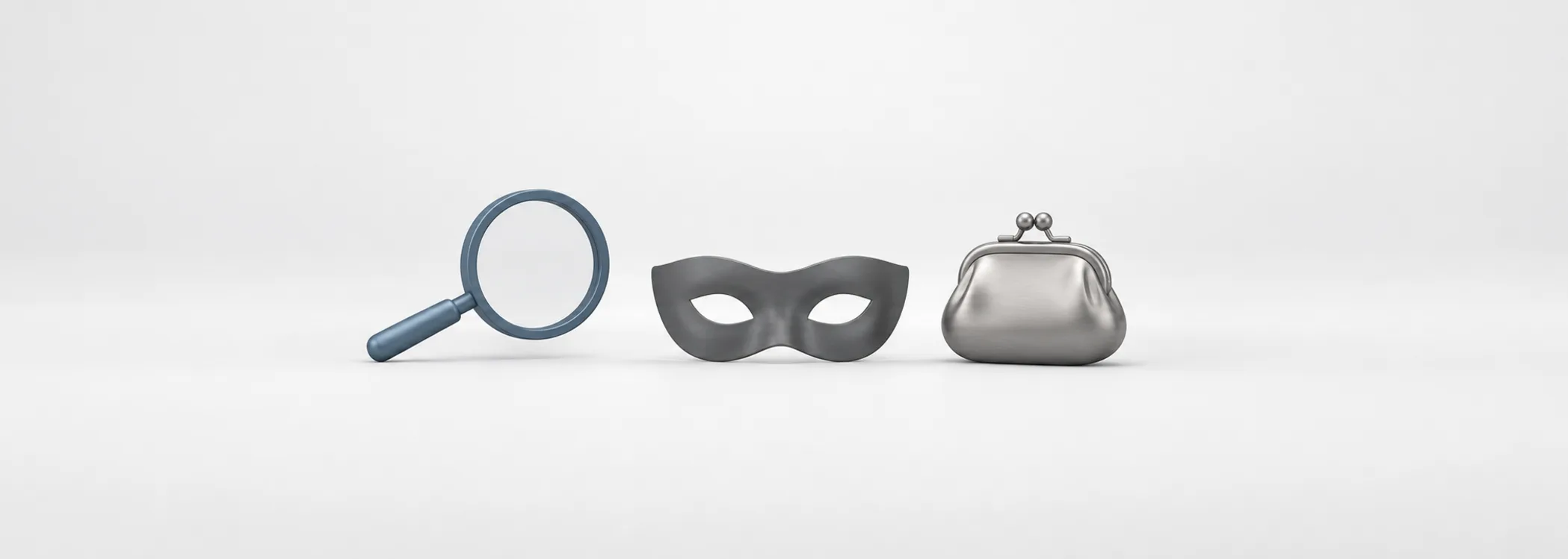 A steel-blue magnifying glass, graphite mask and closed silver coin purse represent checking identities before sending money.