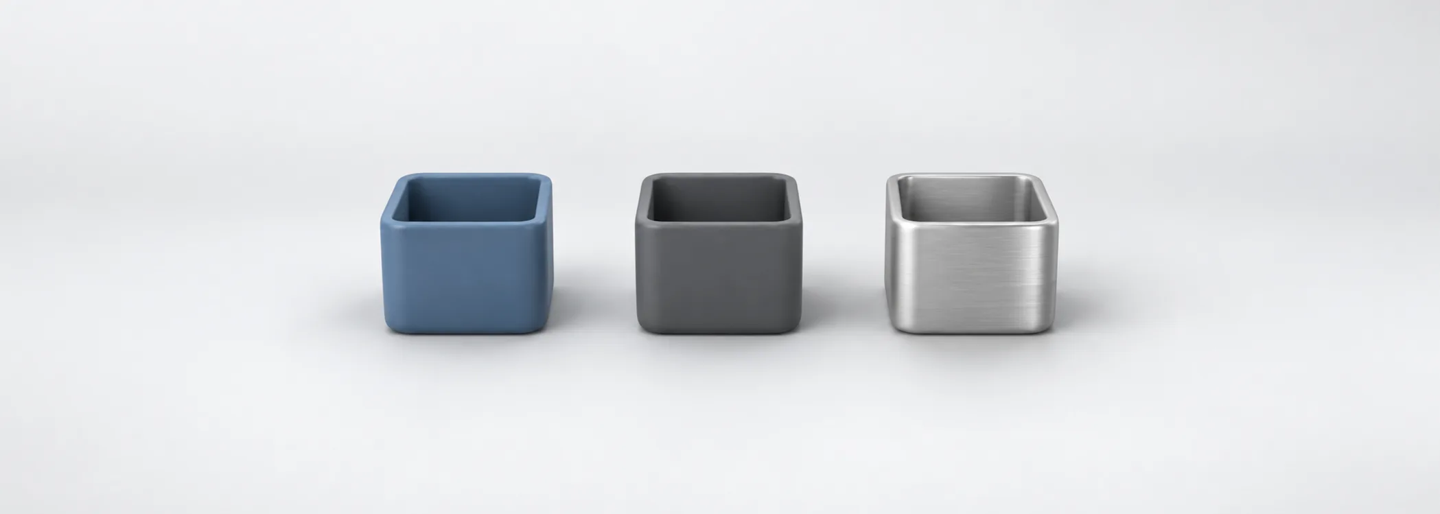 Three open containers in steel blue, graphite and silver represent different accounts that can hold investments.