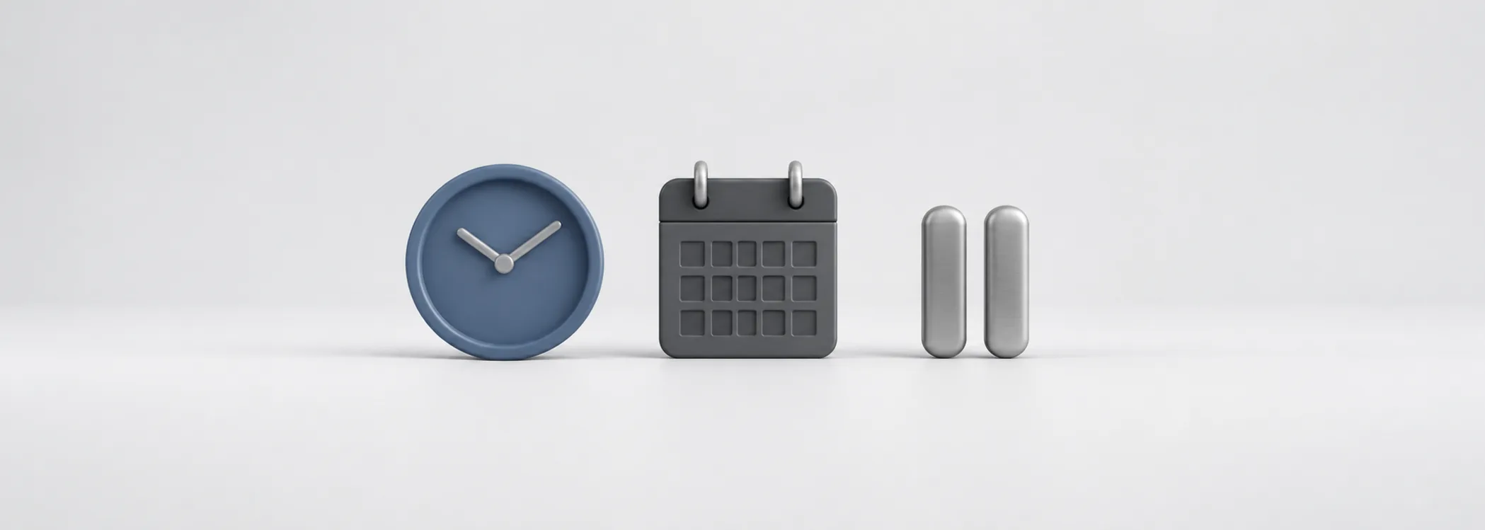 A steel-blue clock, graphite calendar and silver pause symbol represent trading hours, settlement and halts.