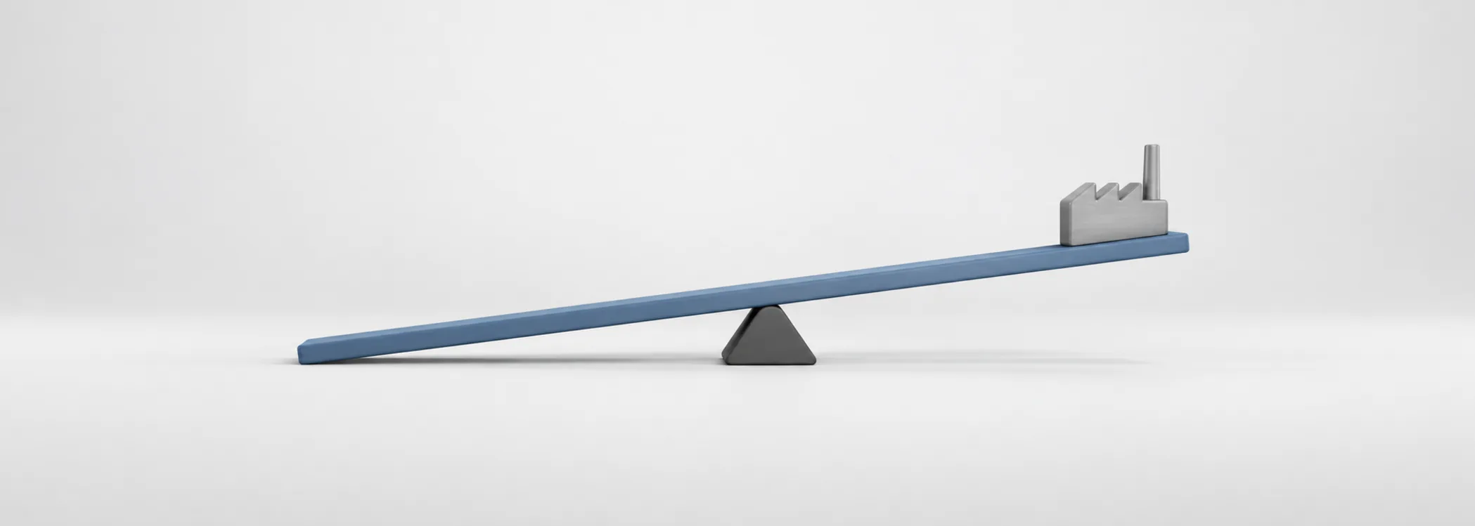 A steel-blue lever on a graphite fulcrum lifts a silver factory, symbolizing how fixed costs amplify profit swings.