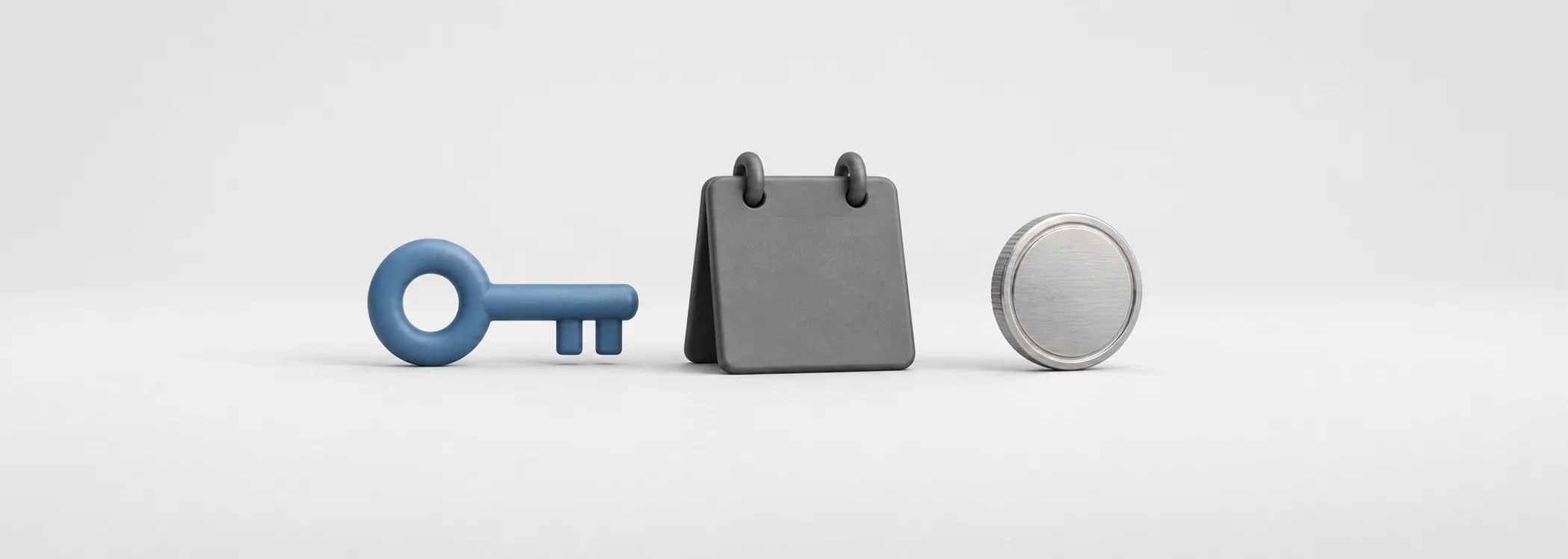 A steel blue key, graphite calendar and silver coin represent an option's right, deadline and premium.