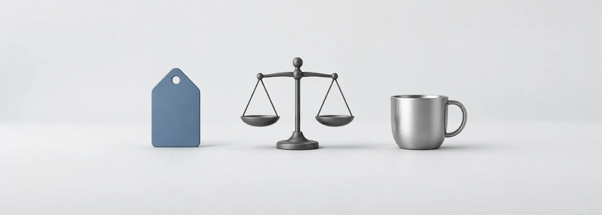 A steel-blue price tag, graphite balance scale and silver coffee cup represent weighing a stock's price against its value.