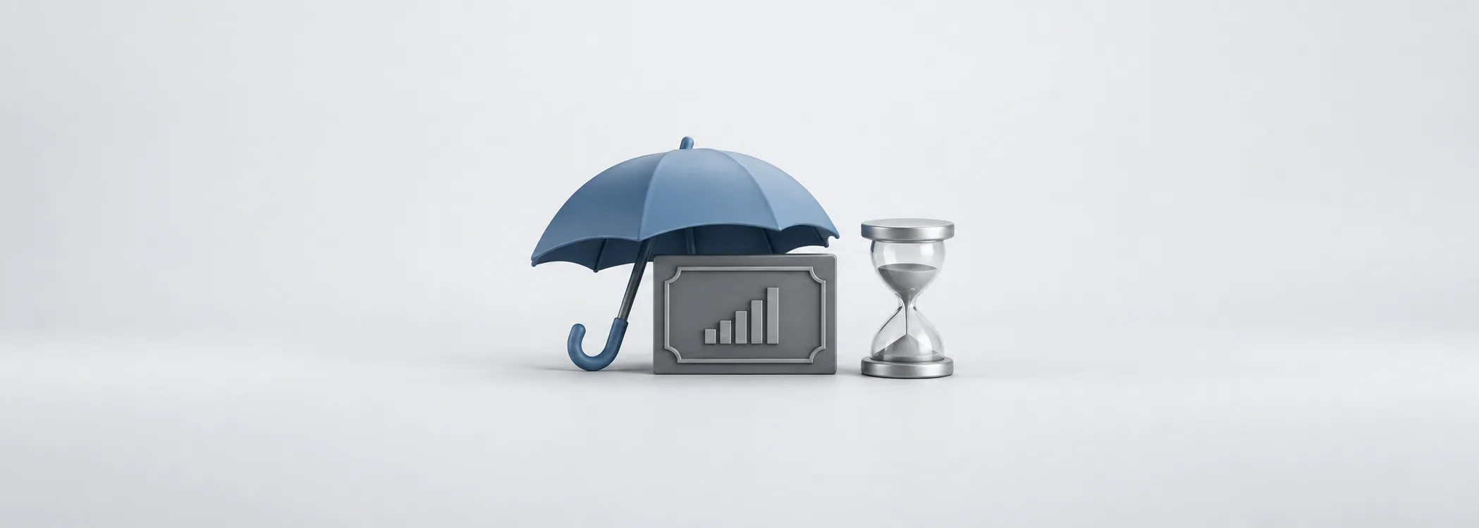 A steel-blue umbrella shelters a graphite stock certificate beside a silver hourglass, representing protection that expires.