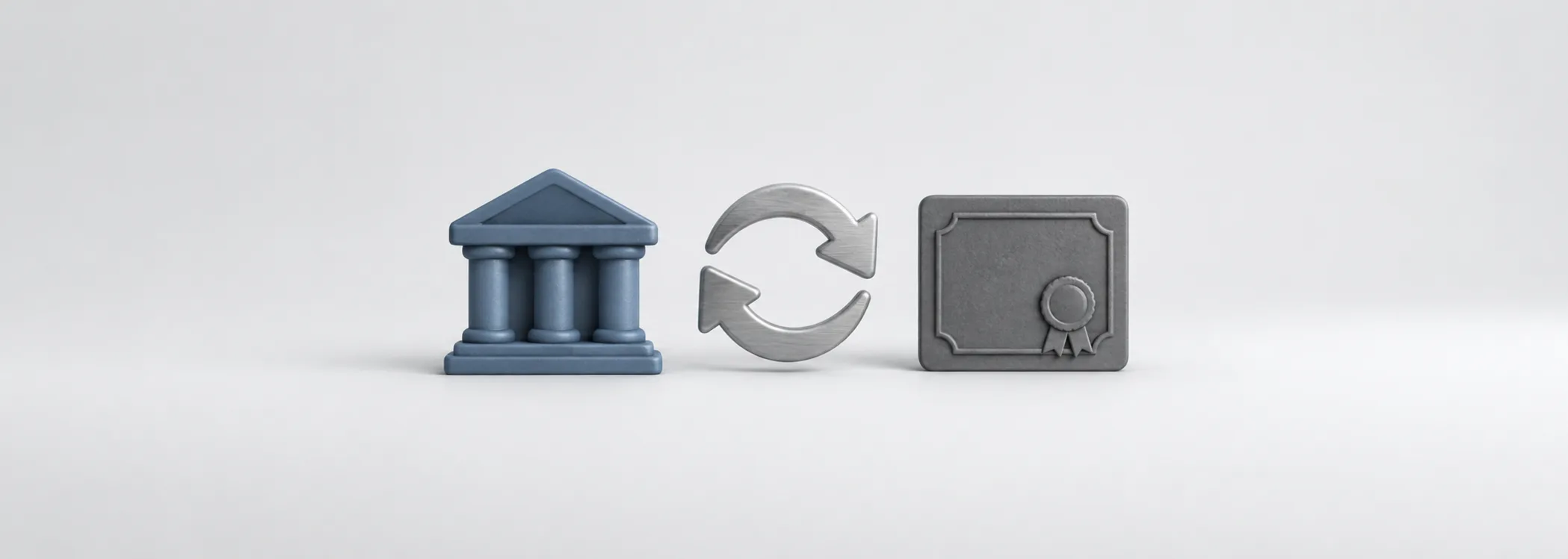 A steel-blue bank, silver exchange arrows and a graphite bond tile symbolize the Fed exchanging reserves for securities.