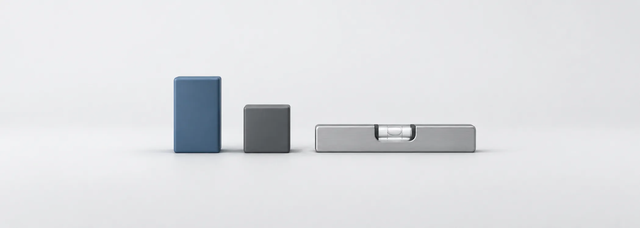 Uneven steel-blue and graphite blocks beside a silver level, representing a portfolio whose proportions need checking.