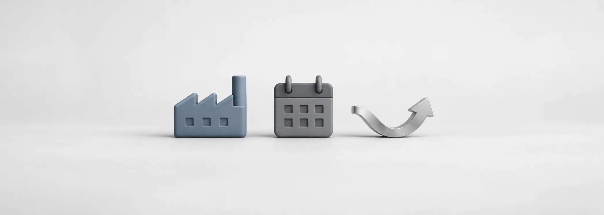 A steel-blue factory, graphite calendar and silver curved arrow represent economic downturns and their different turning dates.