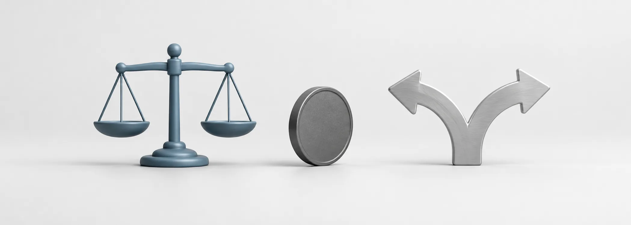 A steel-blue balance scale, graphite coin and silver branching arrow represent weighing possible rewards against uncertain outcomes.
