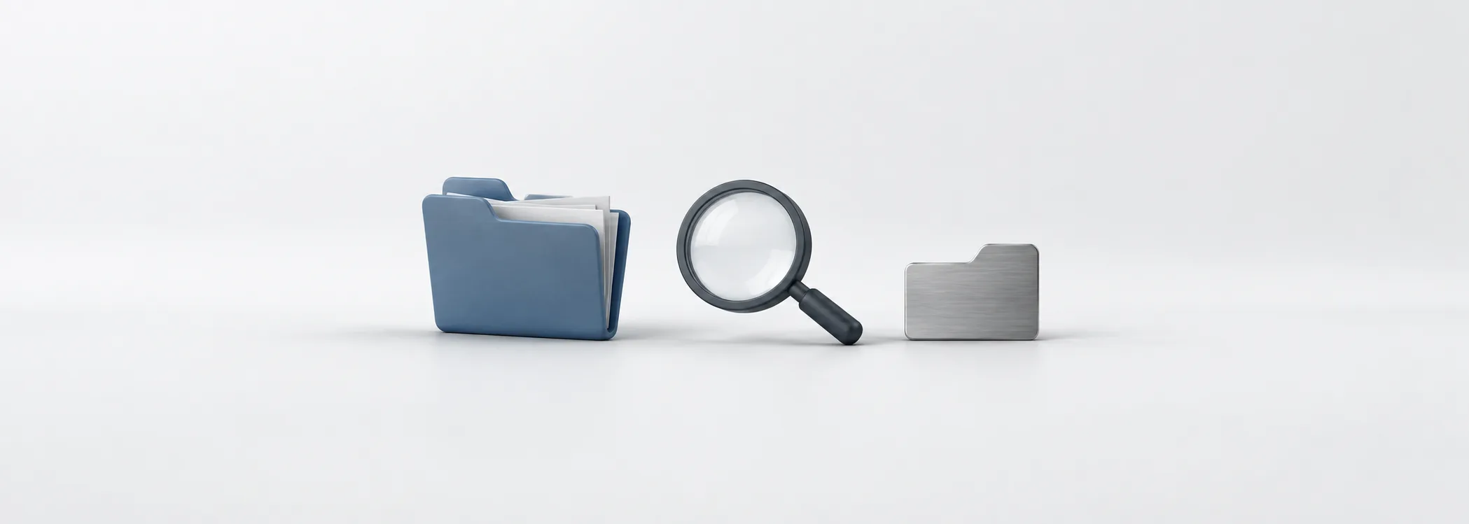 A blue report folder, graphite magnifying glass and silver filing tab represent tracing a number to its source.