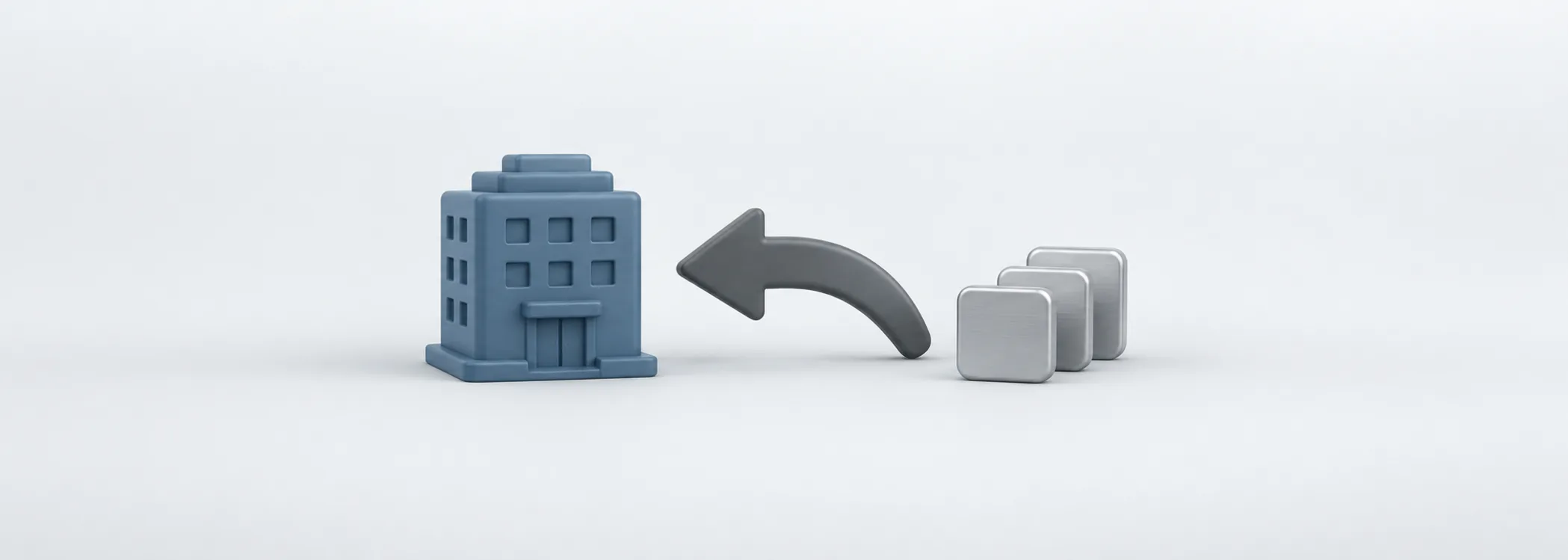 A steel-blue company block, a graphite returning arrow and silver share tiles symbolize a company buying back its stock.