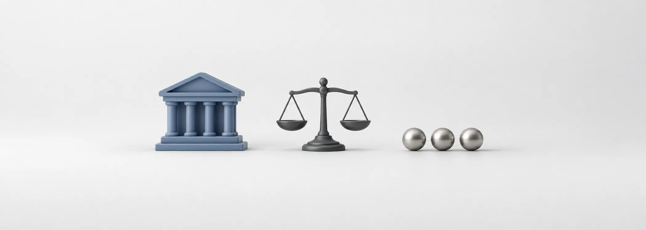 A steel-blue bank, graphite balance scale and three silver spheres symbolize the Fed's goals and individual rate projections.