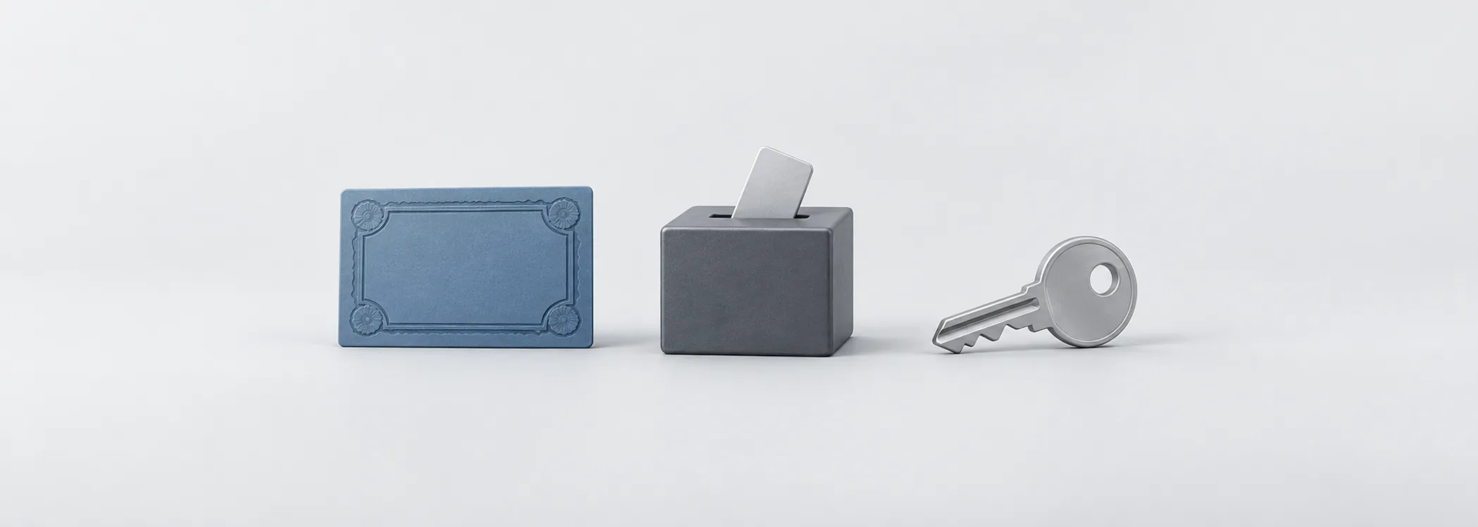 A steel-blue share certificate, graphite ballot box and silver key represent ownership, voting rights and security identity.