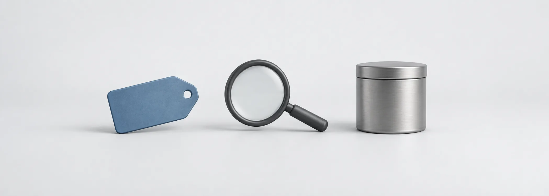 A blue price tag, graphite magnifying glass and silver coffee tin represent investigating the business behind a price.