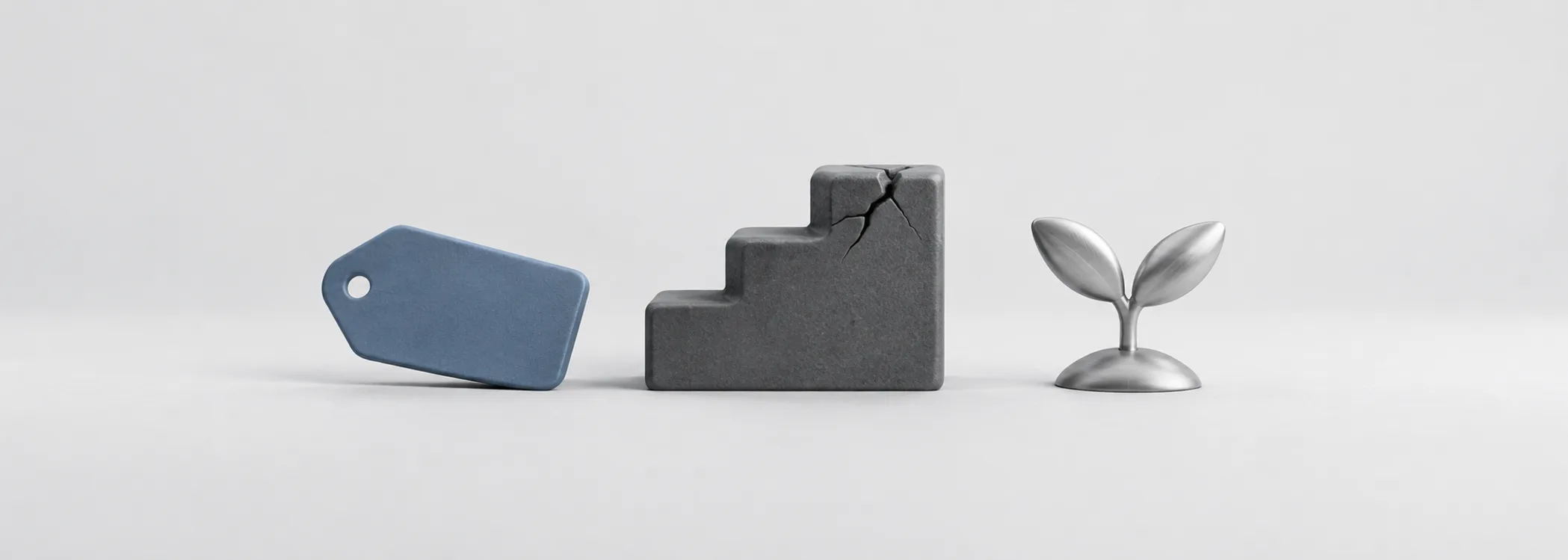 A blue price tag beside a cracked graphite step and silver sprout, suggesting fragile value and growth expectations.