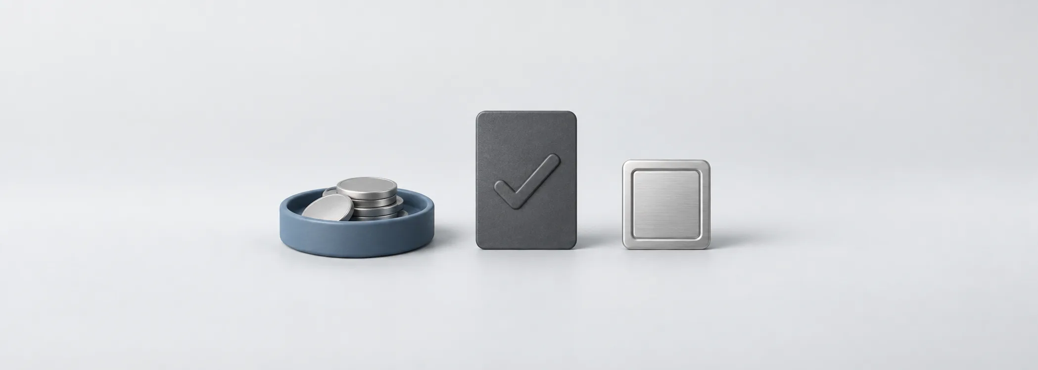 A steel-blue coin tray, graphite confirmation card and silver share tile represent cash becoming a confirmed holding.
